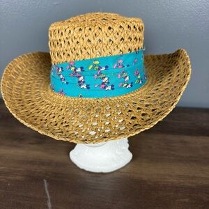 Disney Hat Vintage Mickey Mouse Straw Tan Adult with a Blue Hatband
